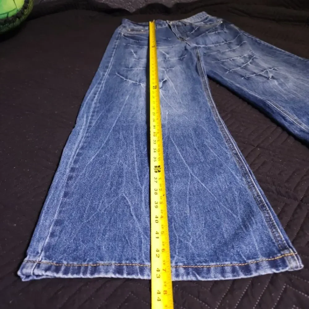 Faded Whiskered Wide Leg Jeans Light Blue Wash Gold Stitch W32 42in
